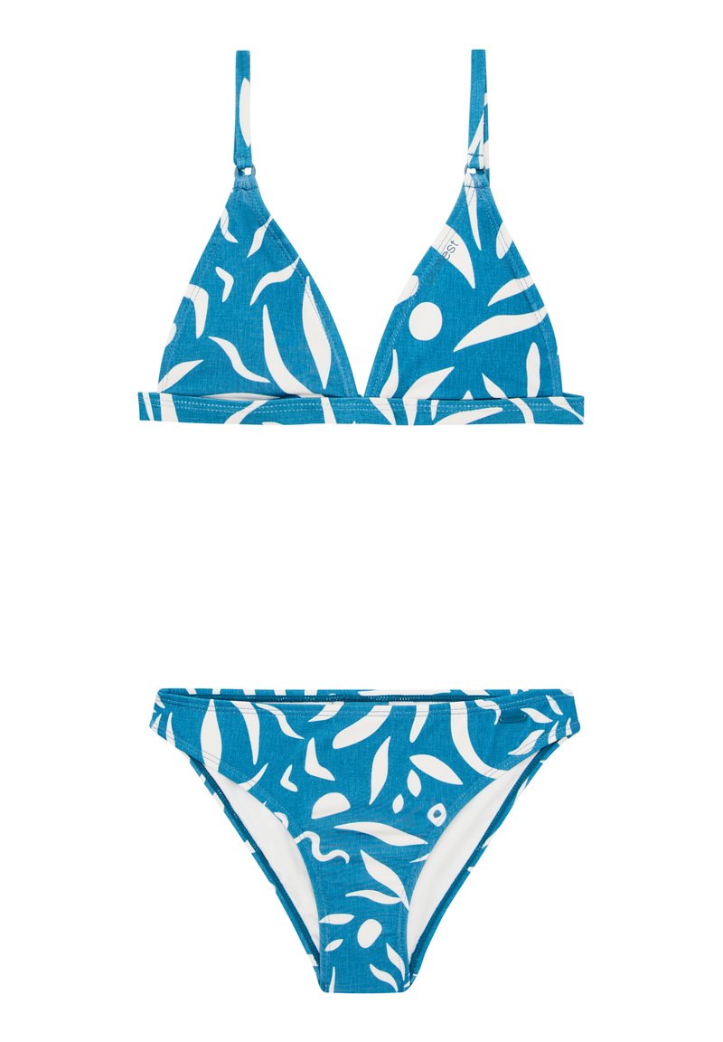 Set di bikini blu composto da un top triangolare con motivi di foglie bianche e spalline regolabili, abbinato a un bikini bottom a vita bassa.