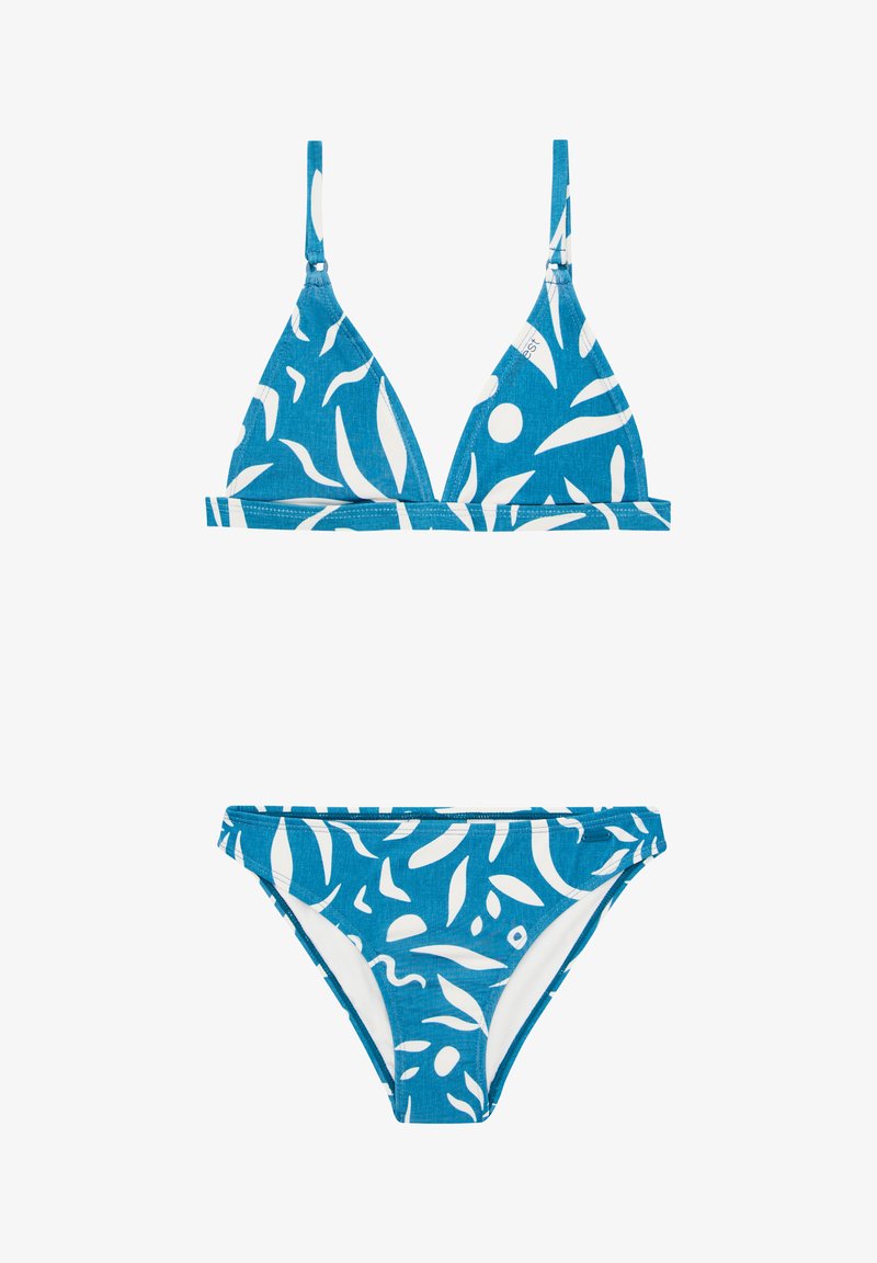 Blauwe bikiniset met een driehoekige top met witte bladerenpatronen en verstelbare banden, gecombineerd met bijpassende lage bikinibroekjes.
