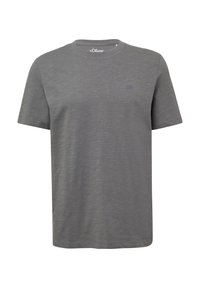 Grijze t-shirt met korte mouwen, gemaakt van zachte stof, met een ronde hals en een klein logodetail op de linkerkant van de borst.