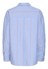 Light blue long-sleeve shirt with vertical stripes in white and brown. Features a pointed collar and buttoned cuffs. Back view shown.
