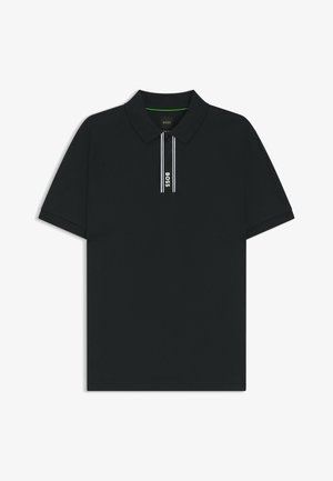 Black polo shirt with short sleeves, collar, contrasting white stripes on the placket, and a small logo at the center. Made from soft fabric.