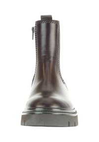 Bottine en cuir marron avec une texture lisse, des panneaux latéraux élastiques et une semelle en caoutchouc avec un motif de talon. Détail de fermeture éclair sur le côté.