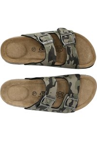 Camo-muster Sandalen mit zwei verstellbaren Schnallen, braunen Leder-Innensohlen und einem leicht erhöhten Absatz. Größe 37.