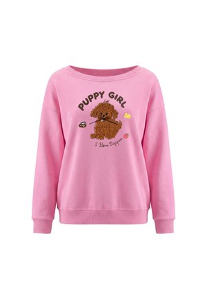 Pink sweatshirt med en fluffy brun hvalp, der holder et ben, tekst ovenover siger "Puppy Girl," og nedenunder siger "I Love Puppies."