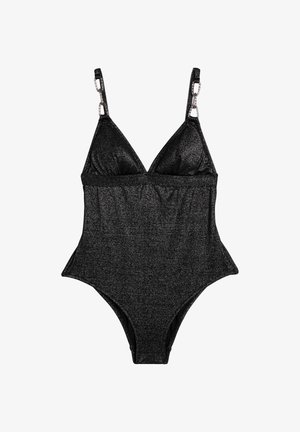 Maillot de bain une pièce noir avec une texture éclatante, des bonnets triangulaires, des bretelles réglables et des accents métalliques sur les bretelles.