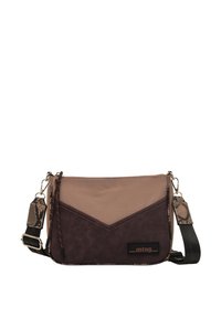Borsa a tracolla in viola e taupe, con base in ecopelle, design a zigzag, tracolla a catena e dettagli testurizzati.