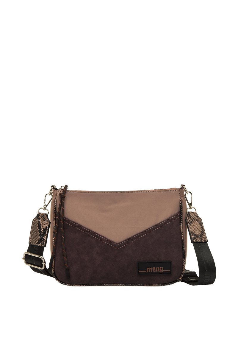 Borsa a tracolla in viola e taupe, con base in ecopelle, design a zigzag, tracolla a catena e dettagli testurizzati.