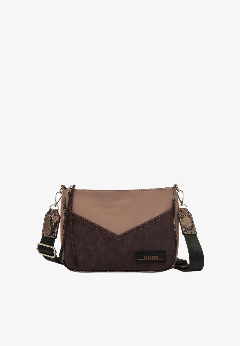 Borsa a tracolla in viola e taupe, con base in ecopelle, design a zigzag, tracolla a catena e dettagli testurizzati.