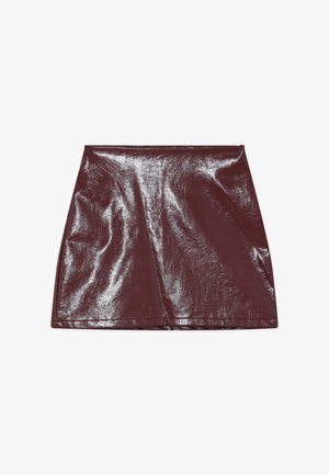 Burgundy mini skirt with a glossy, textured finish. Features a straight silhouette and clean hem, made from a shiny, synthetic material.