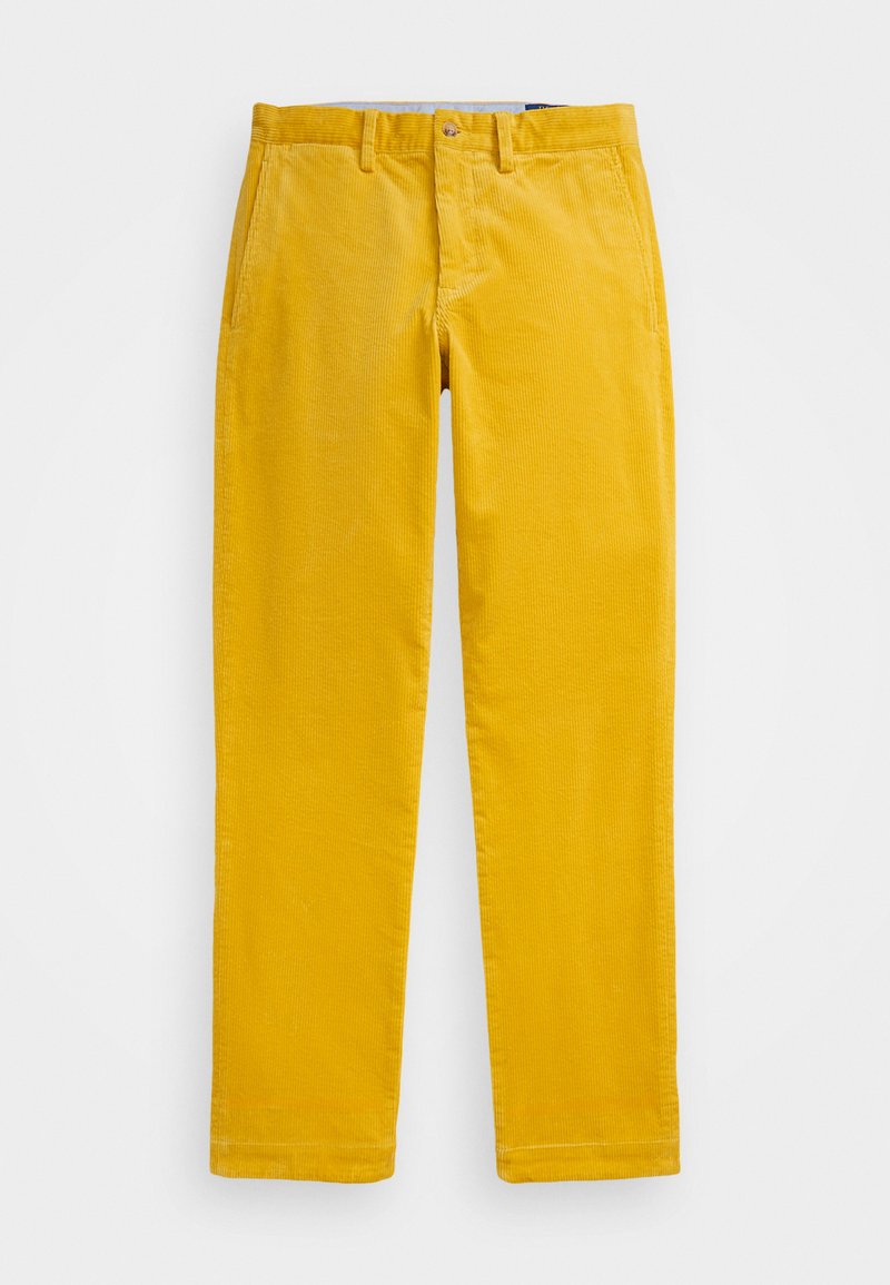 Pantaloni in corduroy giallo con un design a gamba dritta, caratterizzati da una chiusura con bottone e tasche standard. Tessuto testurizzato con righe verticali.