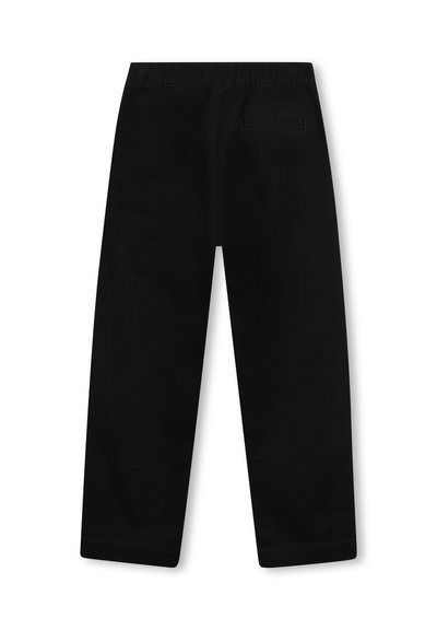Pantaloni neri con elastico in vita, taglio dritto e una sola tasca posteriore. Texture liscia e design minimalista.