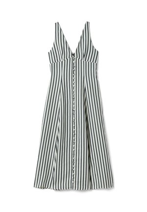 Abito midi senza maniche con righe verticali bianche e nere e una fila di bottoni bianchi centrali davanti.