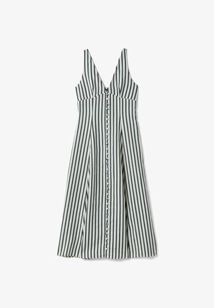 Mouwloze midi-jurk met zwart-witte verticale strepen en een rij witte knopen aan de voorkant in het midden.