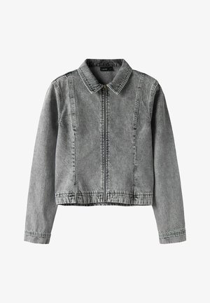 Grijze spijkerjasje met volle voorrits, puntige kraag en lange mouwen, voorzien van gestikte naaddetails.