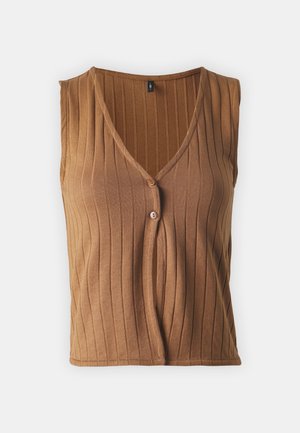 Vest maro, fără mâneci, din tricot ribajat, cu decolteu în V și închidere cu butoane. Textură moale, cu linii verticale. Proiectat pentru un aspect mulat.