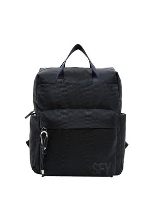 Black fabric backpack with a textured surface, dual top handles, front zip pockets, and side strap for attachments. Features a logo detail.