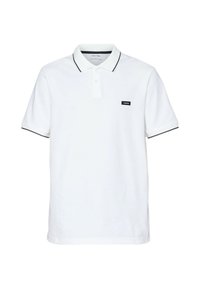 Polo bianco in cotone, con colletto e bordi delle maniche neri. Include un piccolo logo nero sulla parte sinistra del petto.