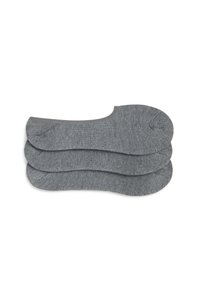 Trzy pary szarych skarpetek do kostek wykonanych z miękkiego, gładkiego materiału, z bezszwowym wzorem i zaokrąglonym palcem, charakteryzujących się minimalistycznym wyglądem.
