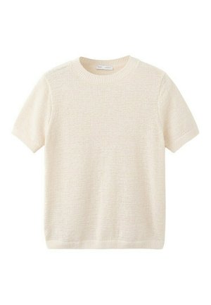 Pull en tricot de couleur crème à manches courtes et col rond, avec un tissu à la texture douce et un col, des poignets et un ourlet côtelés.