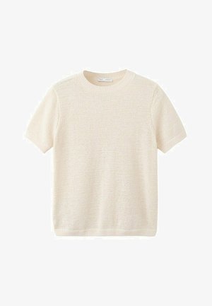 Pull en tricot de couleur crème à manches courtes et col rond, avec un tissu à la texture douce et un col, des poignets et un ourlet côtelés.