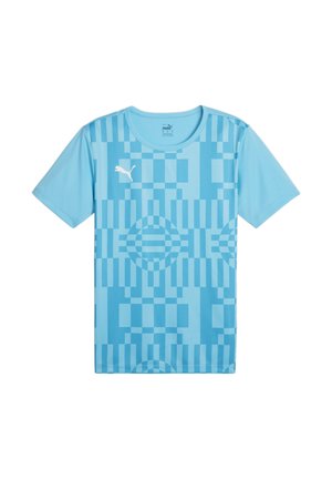 Lichtblauw kortekleurig T-shirt met ronde hals en korte mouwen, voorzien van een geometrisch patroon met cirkels en strepen; gemaakt van een gladde, ademende stof.