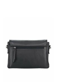 Sac bandoulière en cuir noir avec une finition texturée, doté d'une poche zippée sur le devant et d'un design rectangulaire élégant.