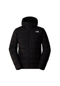 Veste noire matelassée à capuche avec fermeture éclair devant et logo The North Face sur la poitrine gauche.