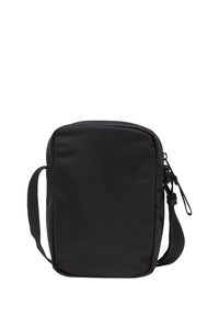 Borsa messenger nera in nylon con forma rettangolare, chiusura con zip, tracolla regolabile e texture liscia. Design leggero e semplice.