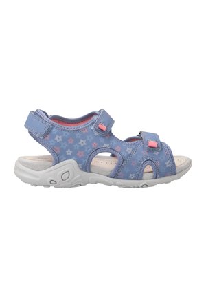 Sandalias azules con patrón floral, correas de velcro ajustables, plantilla acolchada y suela de goma blanca con agarre texturizado.