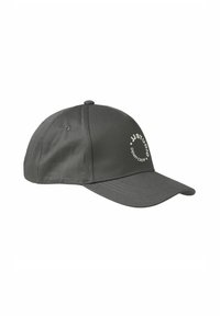 Gray baseball cap with a curved brim, featuring a stitched design and the text "JJ STUDIO DENIM CREW" in white on the front.