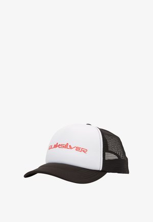 Trucker cap with a white front, black mesh sides, and a curved black brim. Features a red "Quiksilver" logo on the front.