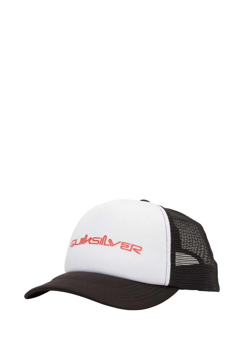 Sjåførhette med hvit front, svarte netting-sider og buet svart skjerm. Har en rød "Quiksilver" logo på fronten.