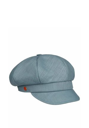 Light blue linen newsboy cap with a folded band and small round red button on the side.