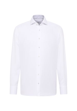 Chemise blanche à manches longues avec boutons, fabriquée en tissu lisse. Dotée d'un col classique et de six boutons sur le devant avec des poignets standard.