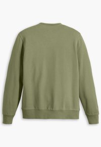 Olijfgroene sweatshirt, zacht katoenen materiaal, ronde hals, ribgebreide boorden en zoom, eenvoudig ontwerp, achteraanzicht, geen zichtbare logo's of patronen.