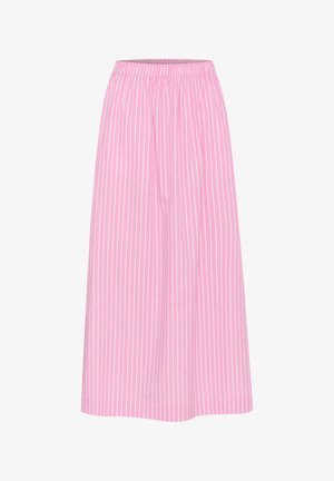 Roosa triibuline seelik elastse vöökoha, midi pikkuse ja kerge kangaga. Omab vertikaalseid valgeid triibusid, et luua klassikaline välimus.