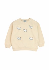 Felpa crema con motivi di cani ricamati in bianco. Progettata con un colletto rotondo e maniche lunghe, realizzata in tessuto morbido.
