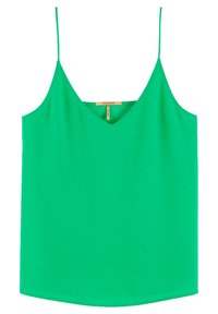 Vihreä hihaton toppi, jossa on V-mallinen kaula-aukko, valmistettu sileästä kankaasta. Ominaisuuksiin kuuluu ohuet hihnat ja löysä, suora istuvuus, ilman kuvioita tai koristeita.