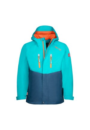 Türkisfarbene und marineblaue wasserdichte Jacke mit einem orangefarbenen Innenfutter, Reißverschlusstaschen und Kapuze. Hergestellt aus strapazierfähigem, glattem Material.