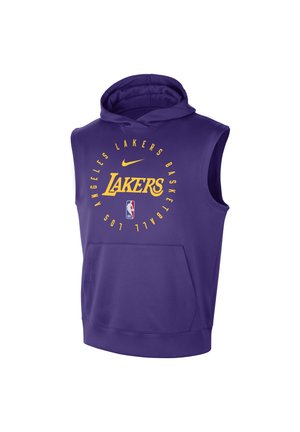 Lila ärmelloser Hoodie mit gelbem "Lakers" Text, Nike-Logo, NBA-Logo und "Los Angeles Lakers Basketball" Text in einem Kreis vorne.