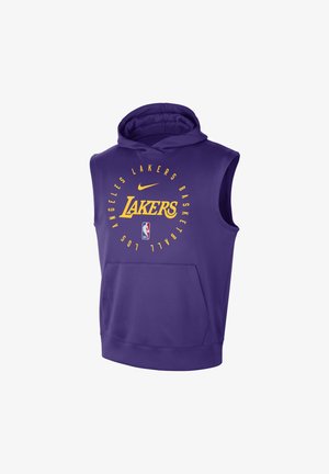 Sweat à capuche sans manches violet avec texte jaune "Lakers", logo Nike, logo NBA et texte "Los Angeles Lakers Basketball" en cercle à l'avant.
