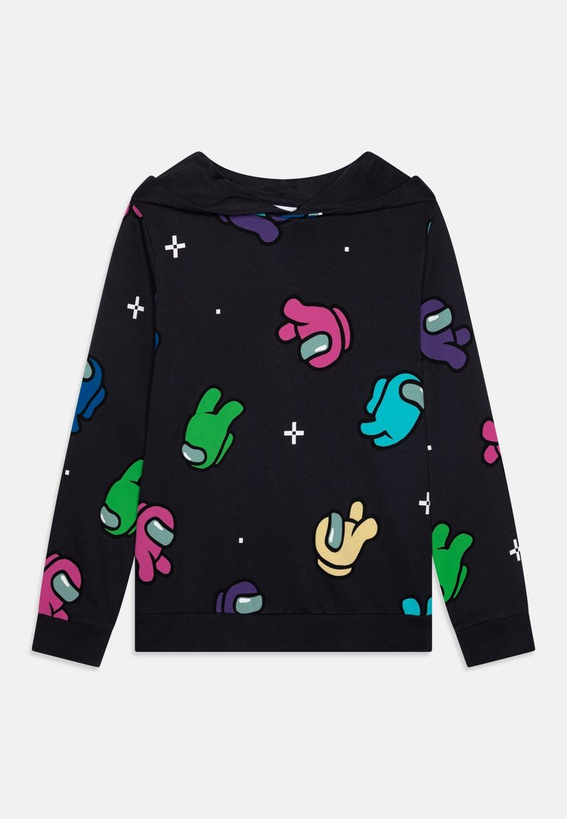 Sweat à capuche noir avec des astronautes en bande dessinée colorés et des formes d'étoiles blanches réparties sur le tissu.