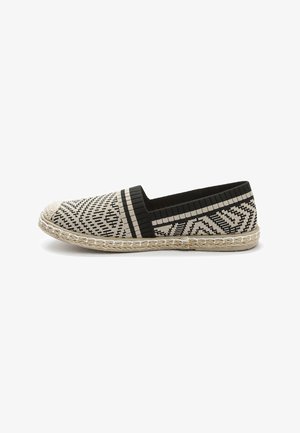 Flat espadrille with a black and beige geometric pattern. Features a woven jute sole and elasticized band for fit. Soft textile upper.