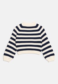 Sweter na szydełku o krótkim kroju, z poziomymi paskami w kolorze granatowym i kremowym, ze ściągaczem przy dekolcie i mankietach, o miękkiej fakturze.