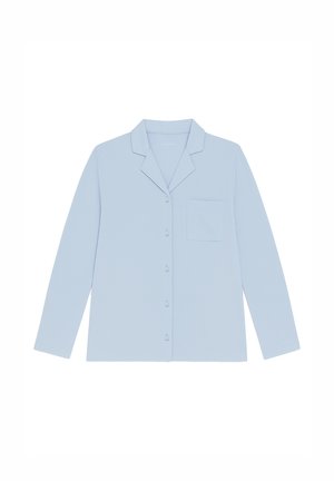 Lichtblauw, langdijdig pyjamashirt met knopenfront, ingezette kraag en een enkele borstzak. Zachte stoftextuur.