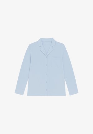 Lichtblauw, langdijdig pyjamashirt met knopenfront, ingezette kraag en een enkele borstzak. Zachte stoftextuur.