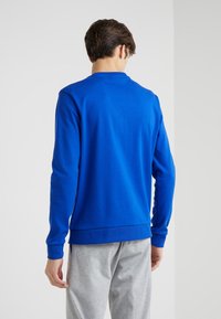 Felpa blu con scollo rotondo, maniche lunghe e orlo a costine. Il tessuto sembra morbido e liscio. Indossata con pantaloni della tuta grigi.