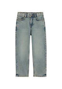 hele sinised teksapüksid sirge säärega, viie tasku ja tuhmunud pesuga. Omavad peeneid kulumise detaile ja õmmeldud mustrit.