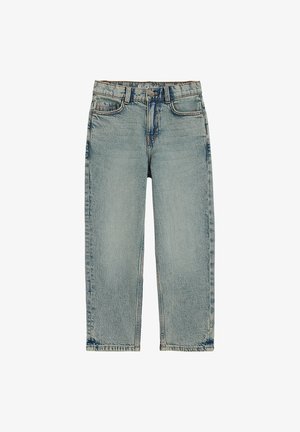 Jeans di denim azzurro chiaro con design a gamba dritta, cinque tasche e lavaggio sbiadito. Presentano leggere abrasioni e dettagli cuciti.
