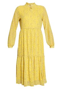 Vestido de estampado floral amarillo con mangas largas, escote con volante, abertura central en forma de llave y falda con volantes. Fabricado con una tela ligera y texturizada.